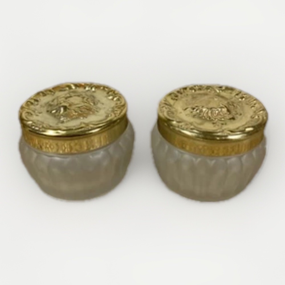1960's Estee Lauder Re-Nutriv Powder Frosted Decorative Glass Jar Gold, Lot of 2